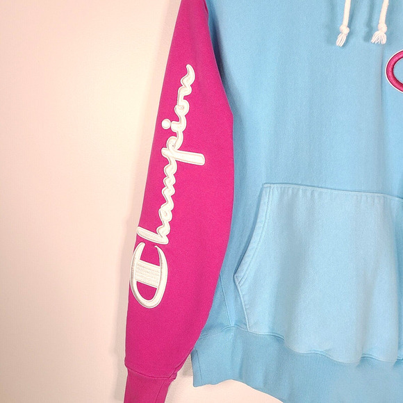 Champion Men Reverse Weave Color Block Hoodie MED Pink Blue White Bold Spell Out - Picture 8 of 12